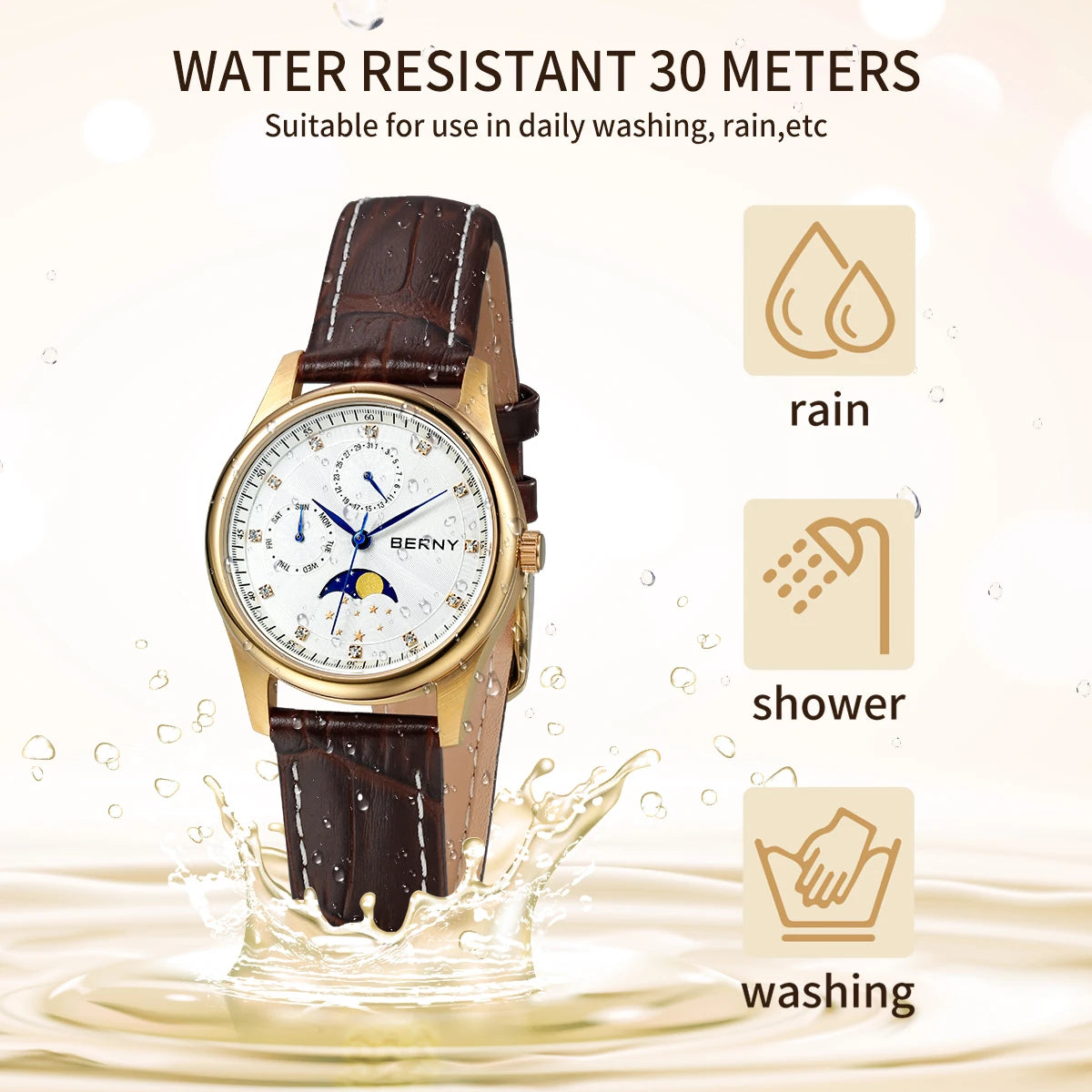 Women’s Watch – Calendar, Week, and Moon Phase Quartz Watch