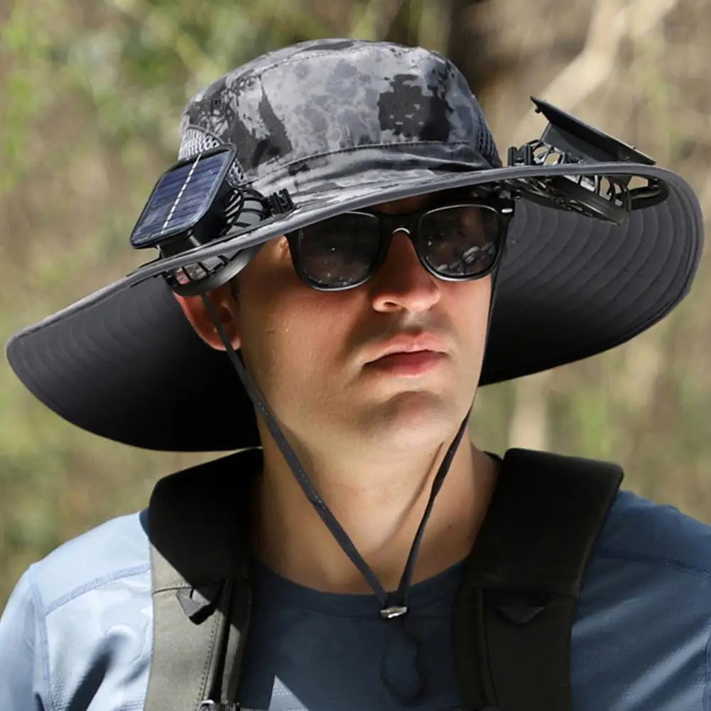 Outdoor Sun Hat with 2 Built-In Fans – Large Brim, Windproof Strap