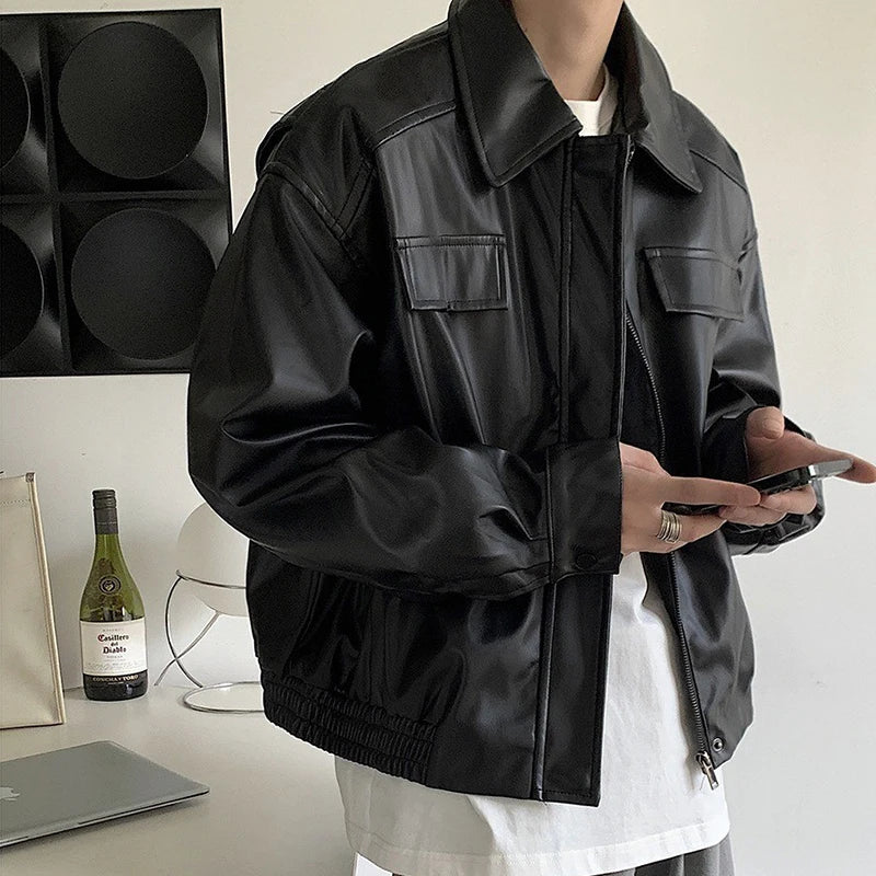 Men’s Casual Textured PU Leather Jacket – Autumn Collection