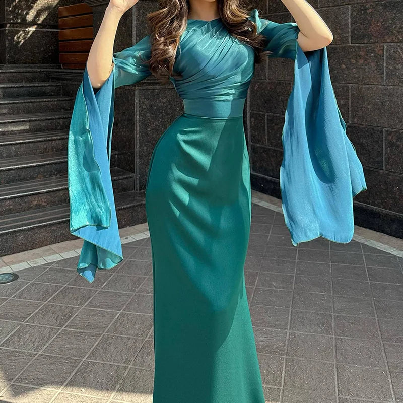 Fashion Satin Solid Robe Dress – Elegant Slim Evening Dress with Batwing Sleeves