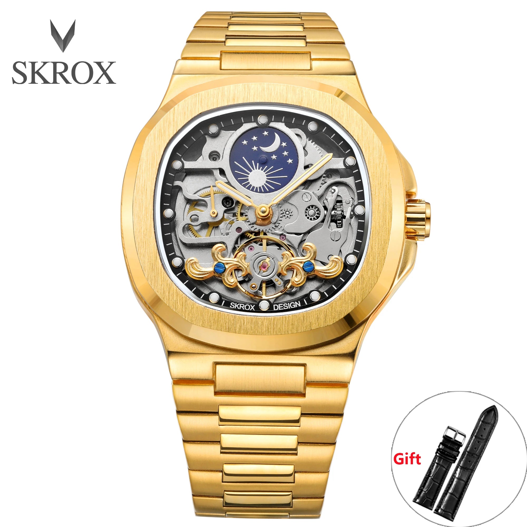 2025 SKROX High-End Luxury Square Watch – Skeleton Dial & Moon Phase