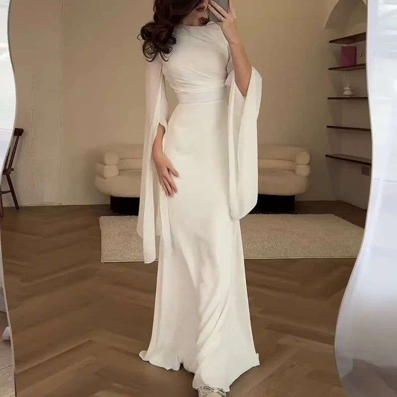 Fashion Satin Solid Robe Dress – Elegant Slim Evening Dress with Batwing Sleeves