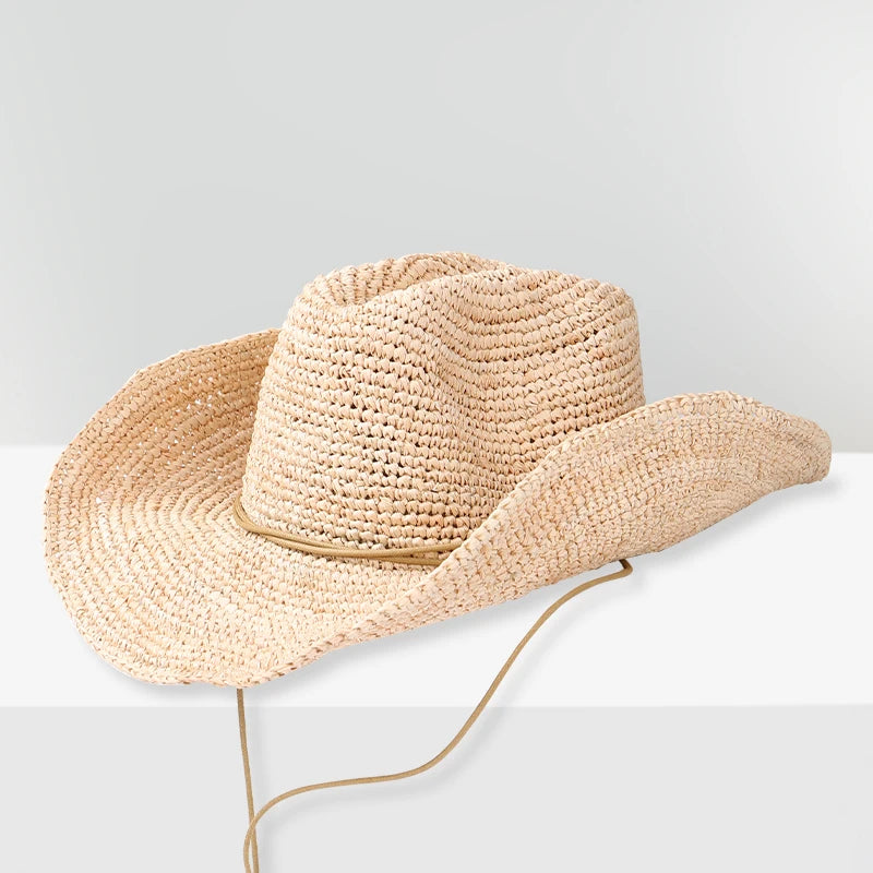 Handmade Raffia Straw Sun Hat for Women – Wide Brim Crochet Cowboy Style