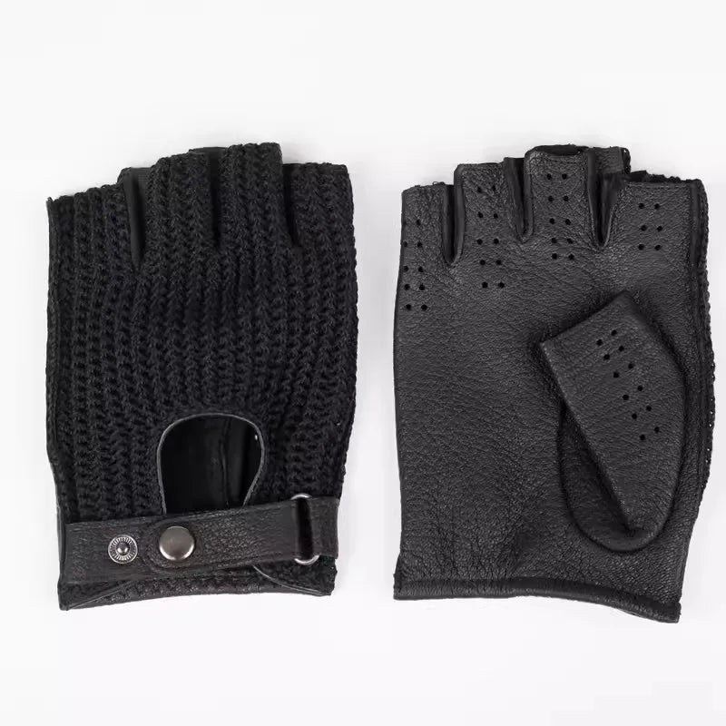 Semi-Finger Knitted Gloves with Sheepskin Patchwork – Retro Style Driving & Riding Gloves