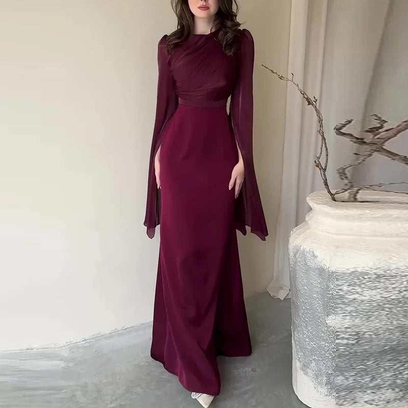 Fashion Satin Solid Robe Dress – Elegant Slim Evening Dress with Batwing Sleeves
