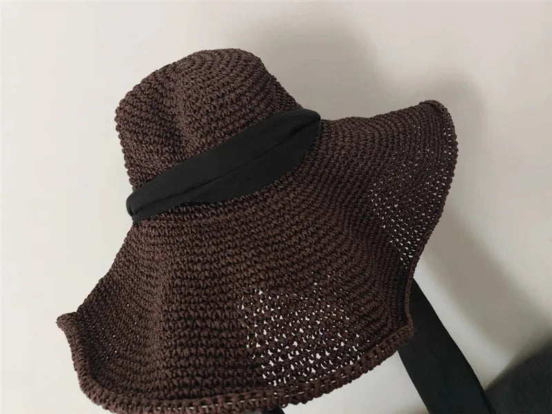 Chic Summer Wide Brim Paper Grass Sun Hat – Foldable & Packable with Long Ribbon