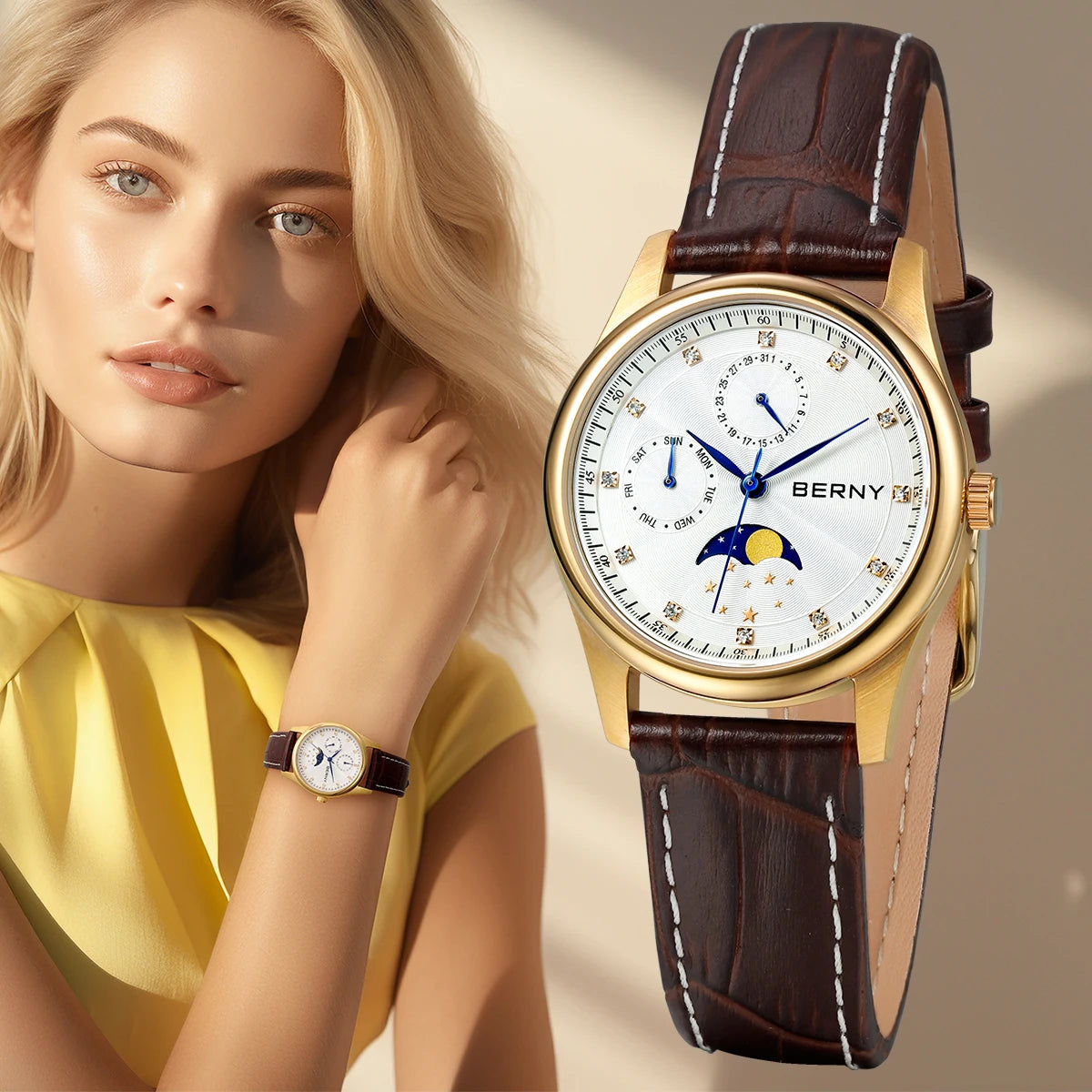 Women’s Watch – Calendar, Week, and Moon Phase Quartz Watch