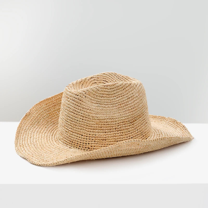 Handmade Raffia Straw Sun Hat for Women – Wide Brim Crochet Cowboy Style