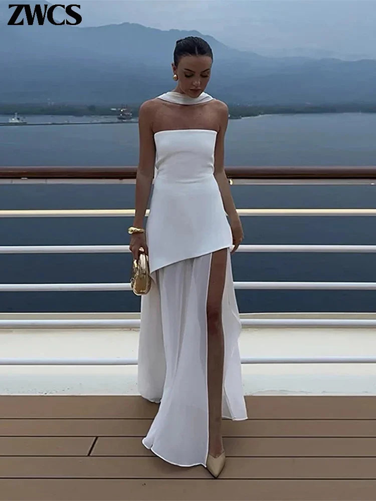 Elegant Patchwork Split Strapless Dress – Sexy Sleeveless & Backless
