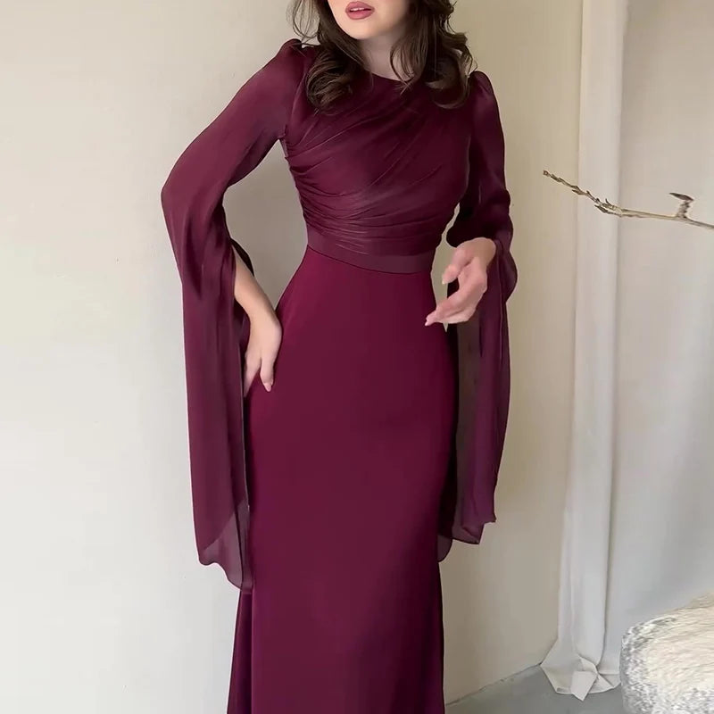 Fashion Satin Solid Robe Dress – Elegant Slim Evening Dress with Batwing Sleeves