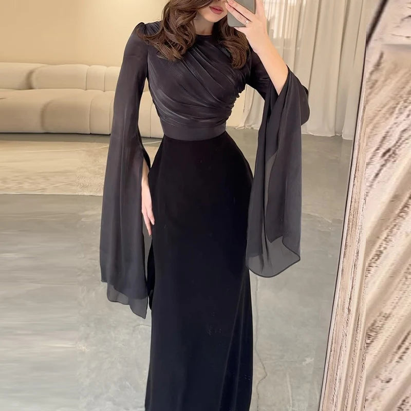 Fashion Satin Solid Robe Dress – Elegant Slim Evening Dress with Batwing Sleeves