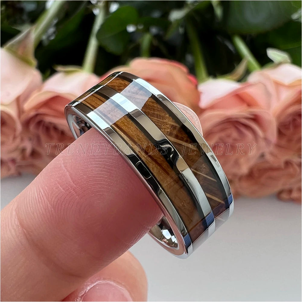 8mm Tungsten Wedding Band – Whisky Barrel Wood Inlay