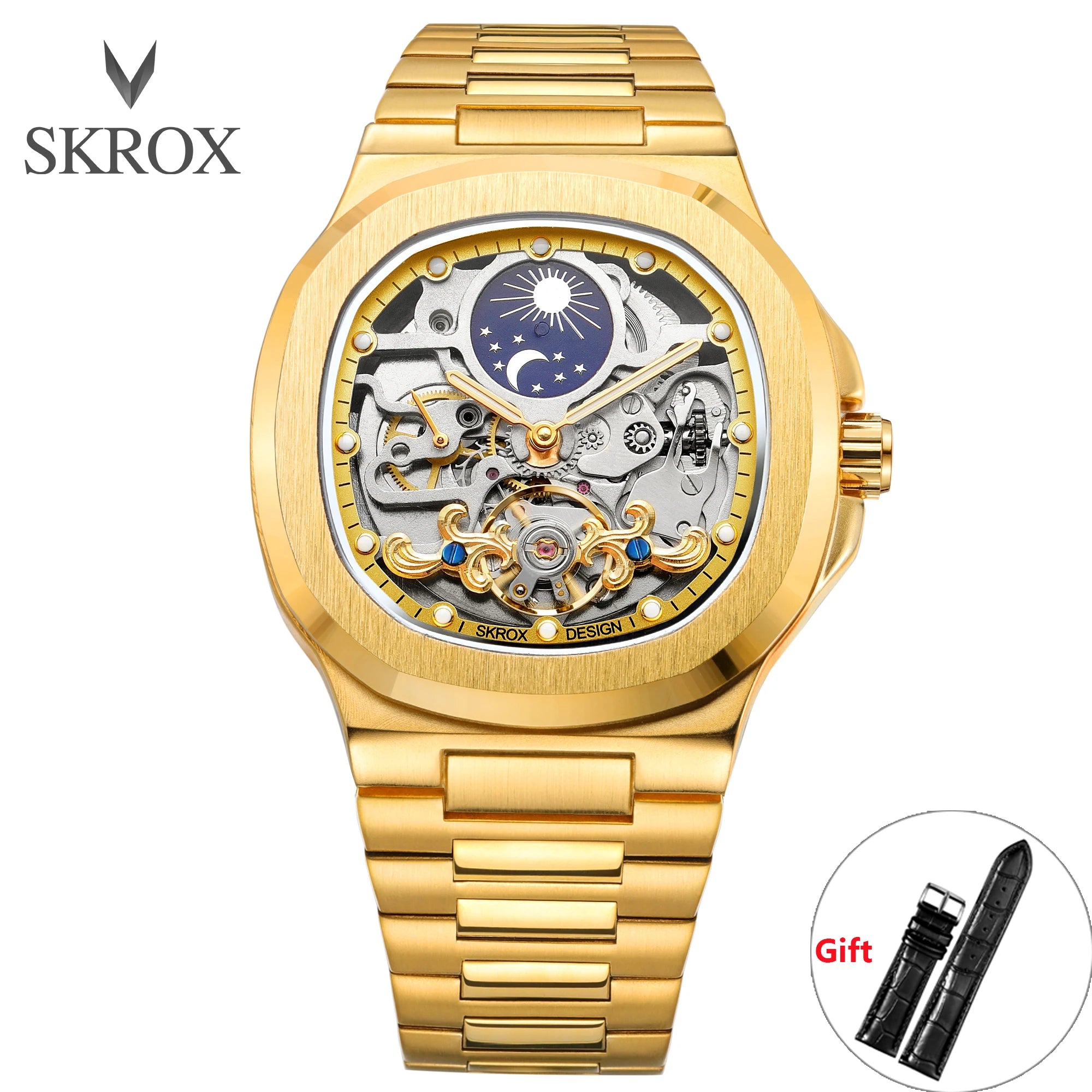 2025 SKROX High-End Luxury Square Watch – Skeleton Dial & Moon Phase