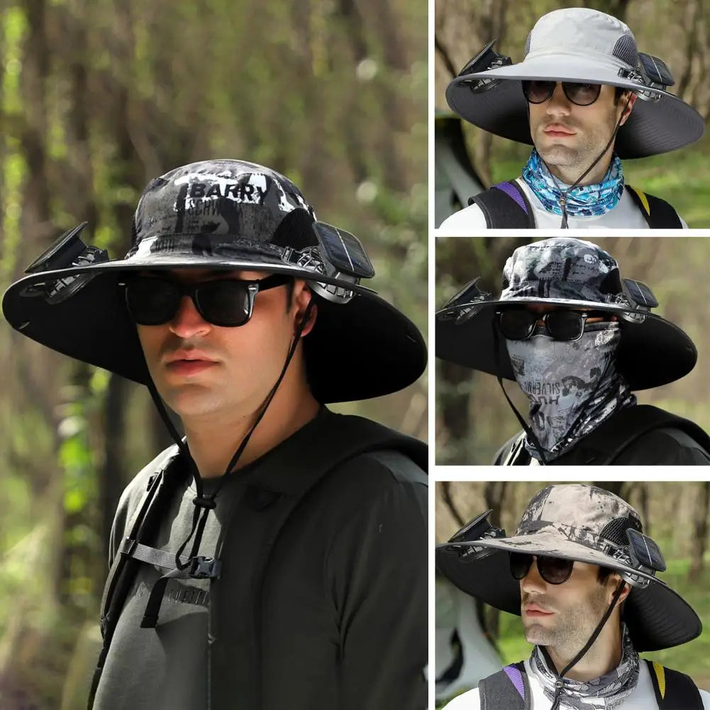 Outdoor Sun Hat with 2 Built-In Fans – Large Brim, Windproof Strap