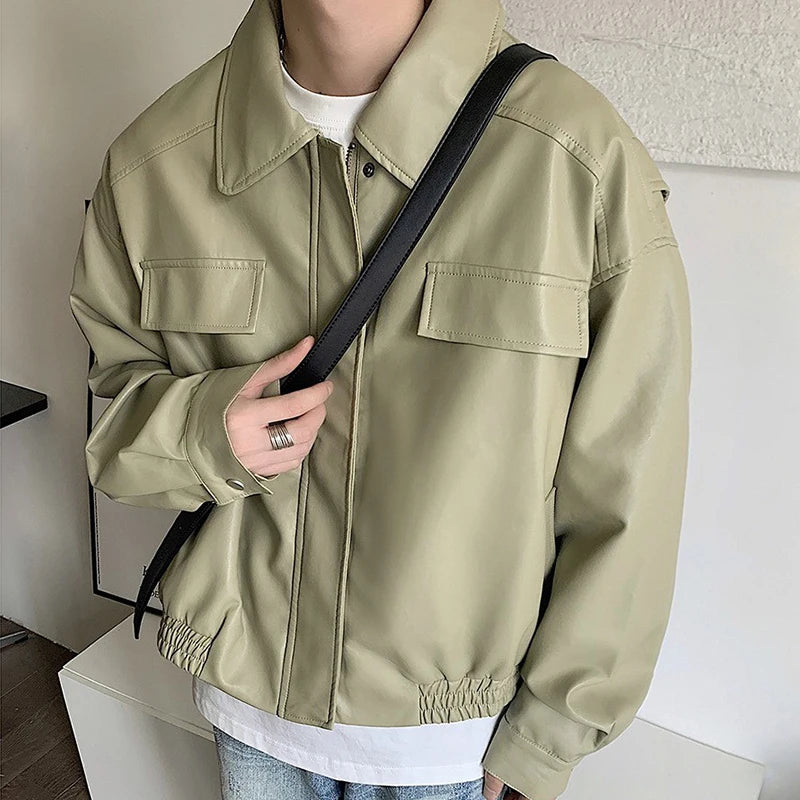Men’s Casual Textured PU Leather Jacket – Autumn Collection
