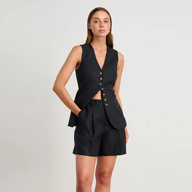 Effortless Style: Cotton Linen Vest & Shorts Set for Women