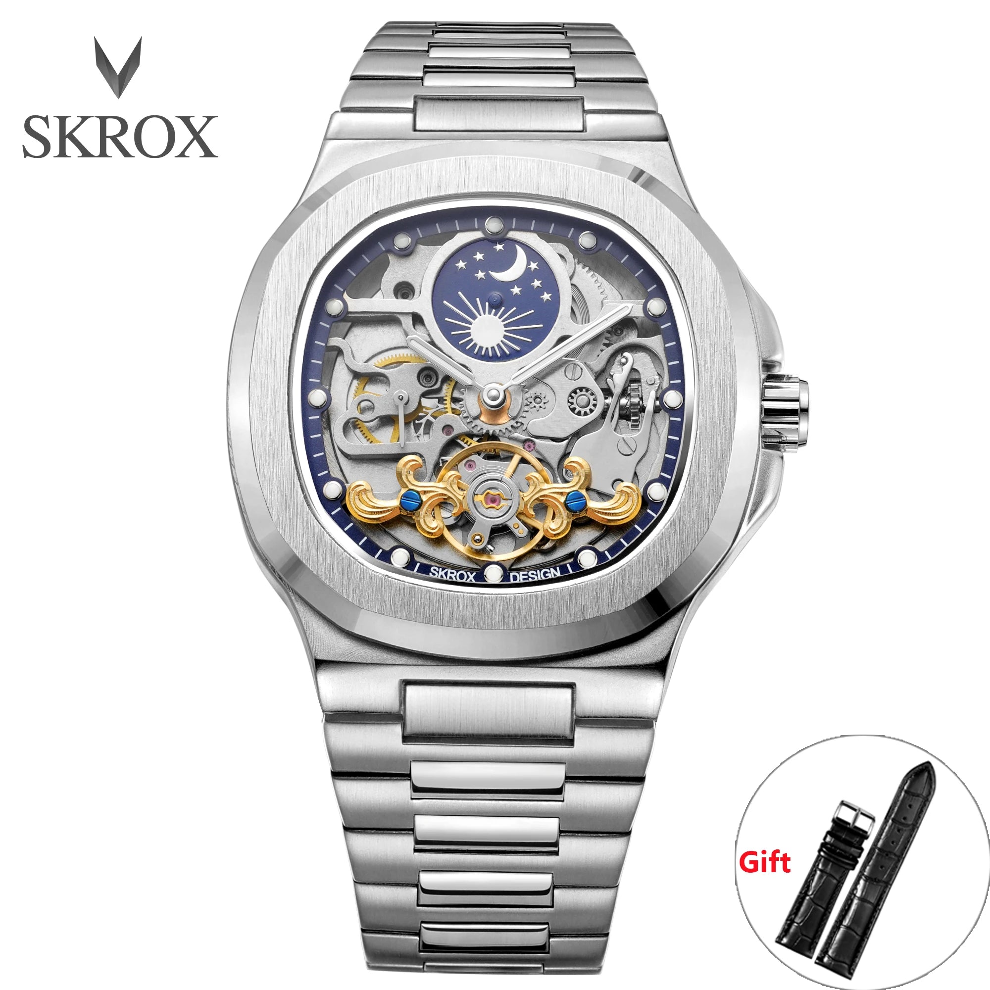 2025 SKROX High-End Luxury Square Watch – Skeleton Dial & Moon Phase