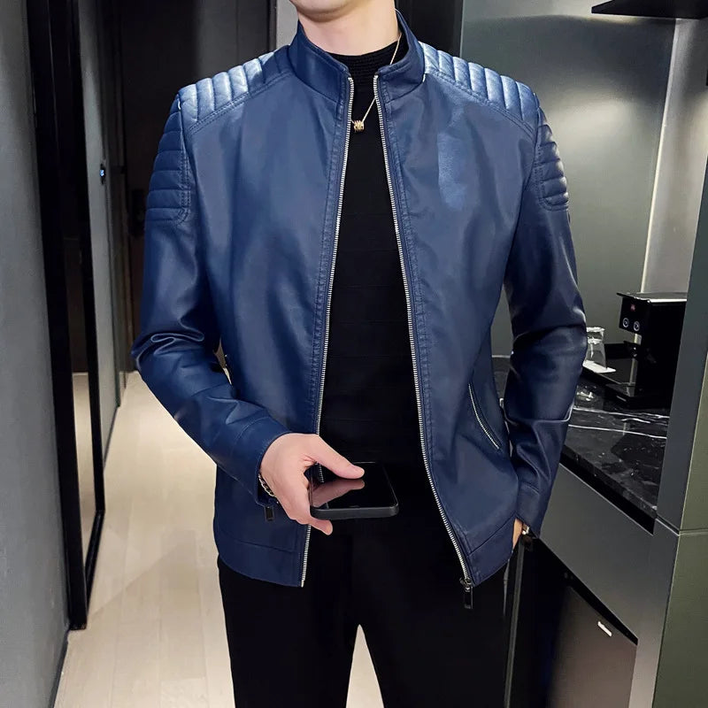 Men’s Winter Motorcycle PU Leather Jacket – Stand Collar Windbreaker