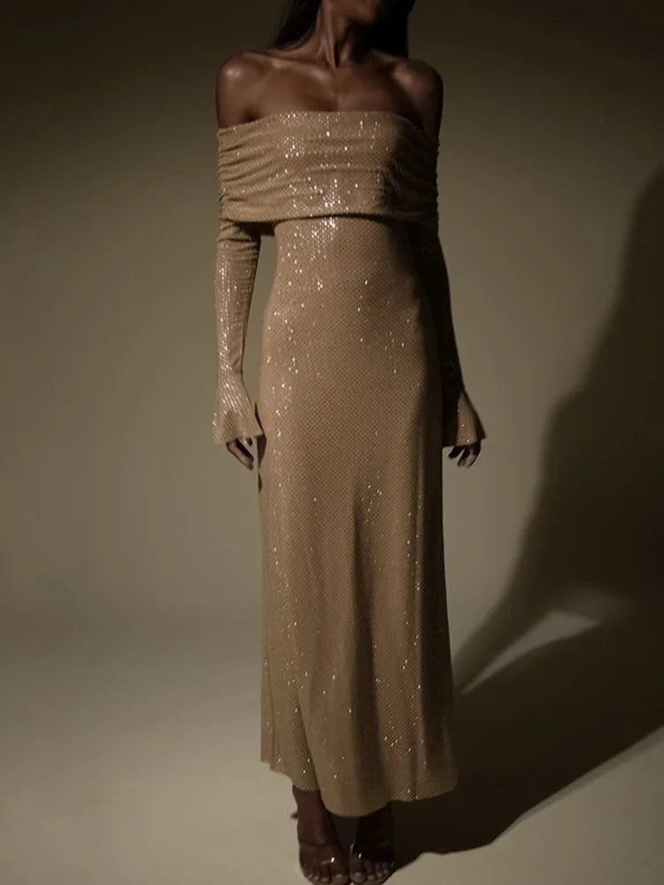 Elegant Strapless Sparkle Maxi Dress – Off-Shoulder, Backless & Bodycon