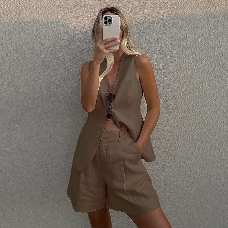 Effortless Style: Cotton Linen Vest & Shorts Set for Women