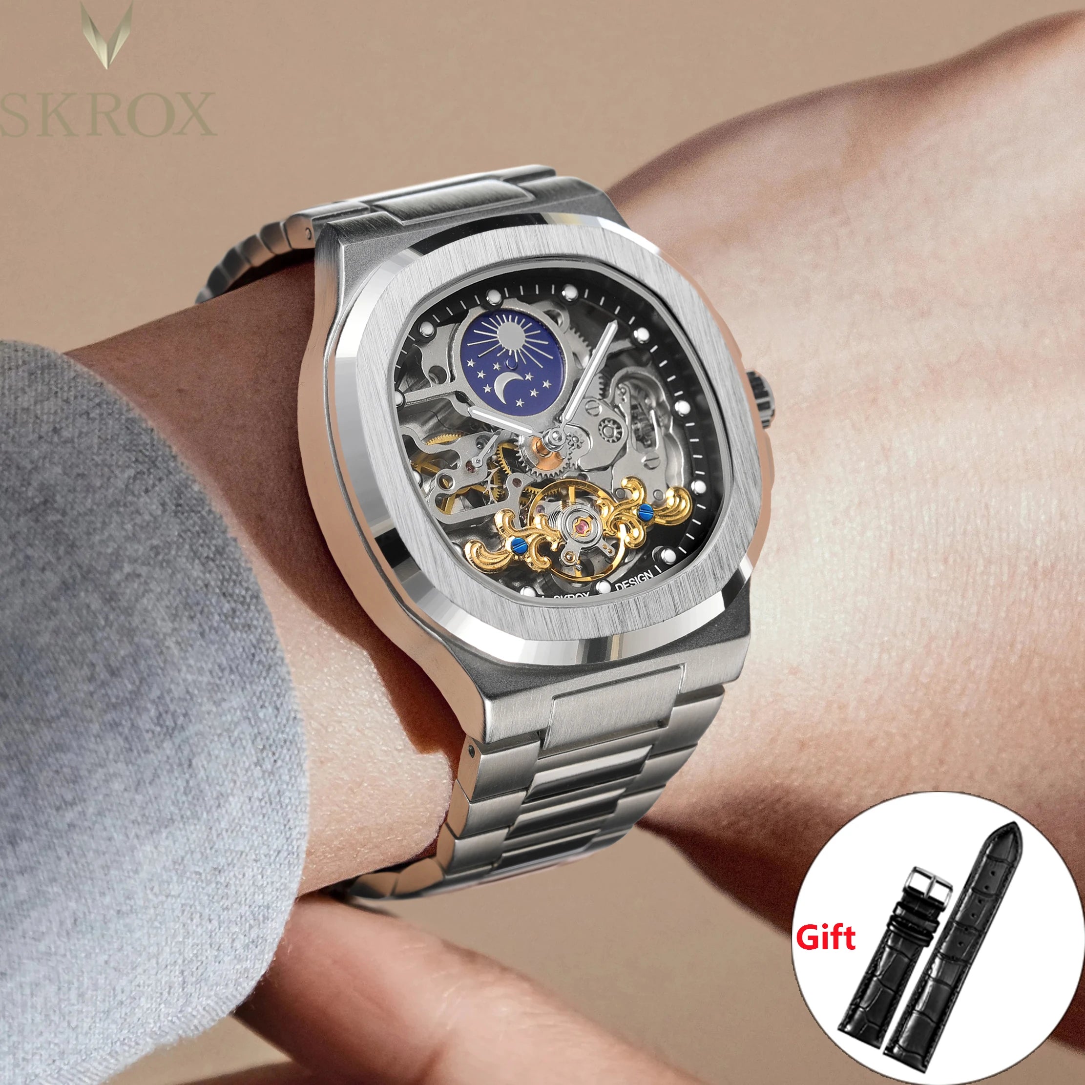 2025 SKROX High-End Luxury Square Watch – Skeleton Dial & Moon Phase