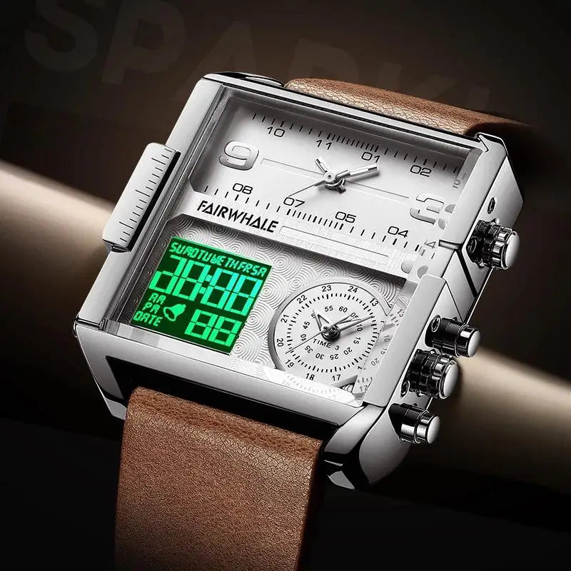 Mark Fairwhale Luxury Men's Quartz Watch – Square Dial & Brown Leather Strap
