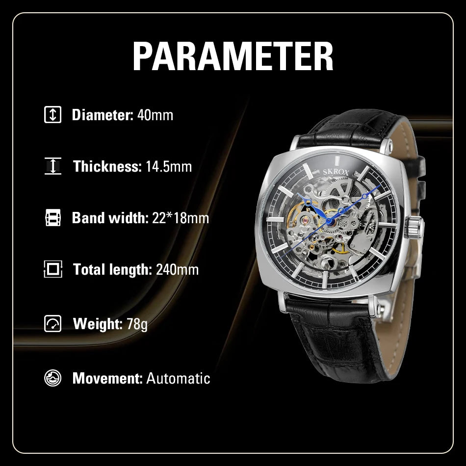 Square Skeleton Automatic Mechanical Watch – Elegant Luxury for Men