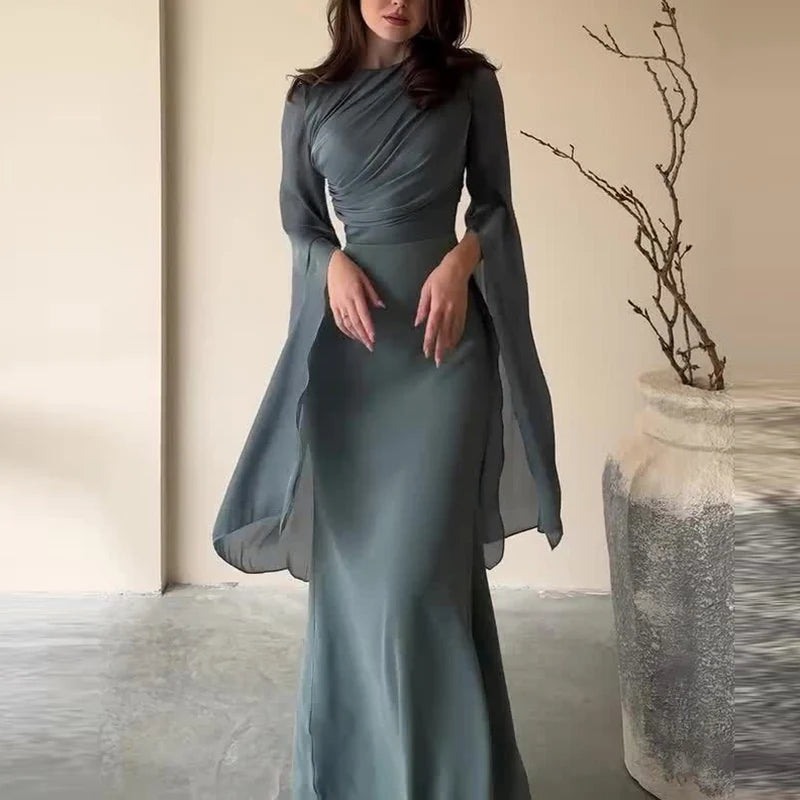 Fashion Satin Solid Robe Dress – Elegant Slim Evening Dress with Batwing Sleeves