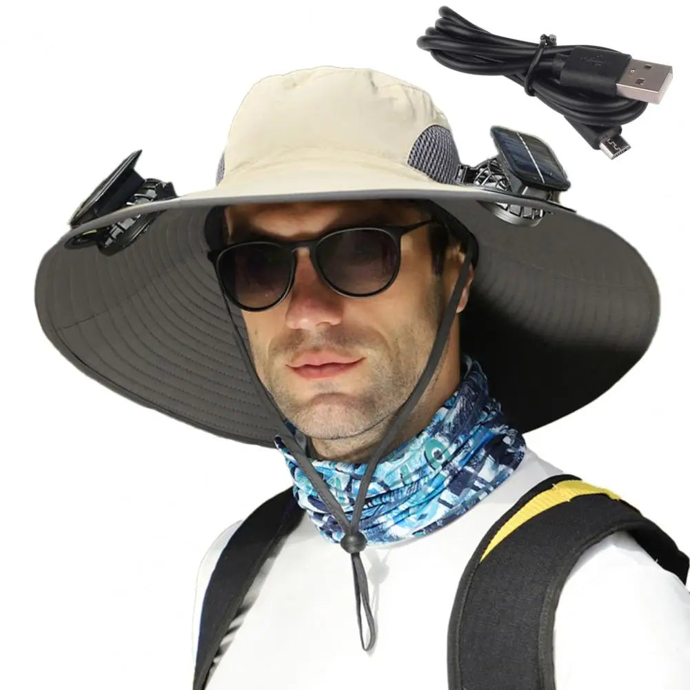 Outdoor Sun Hat with 2 Built-In Fans – Large Brim, Windproof Strap