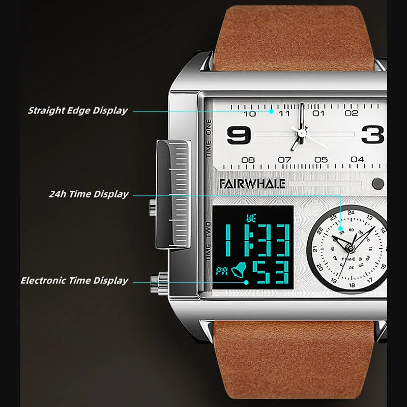Mark Fairwhale Luxury Men's Quartz Watch – Square Dial & Brown Leather Strap