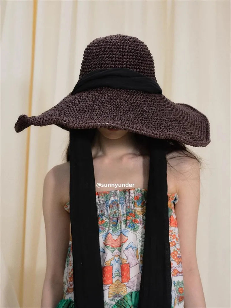 Chic Summer Wide Brim Paper Grass Sun Hat – Foldable & Packable with Long Ribbon