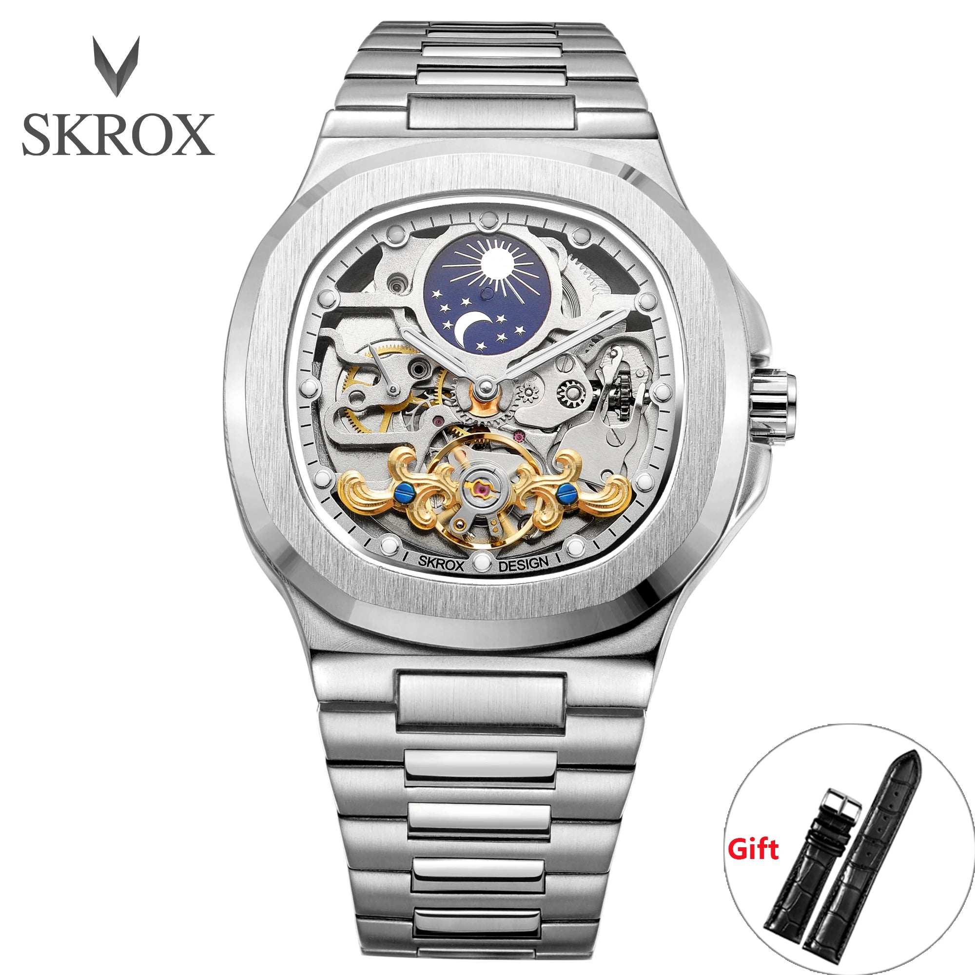 2025 SKROX High-End Luxury Square Watch – Skeleton Dial & Moon Phase