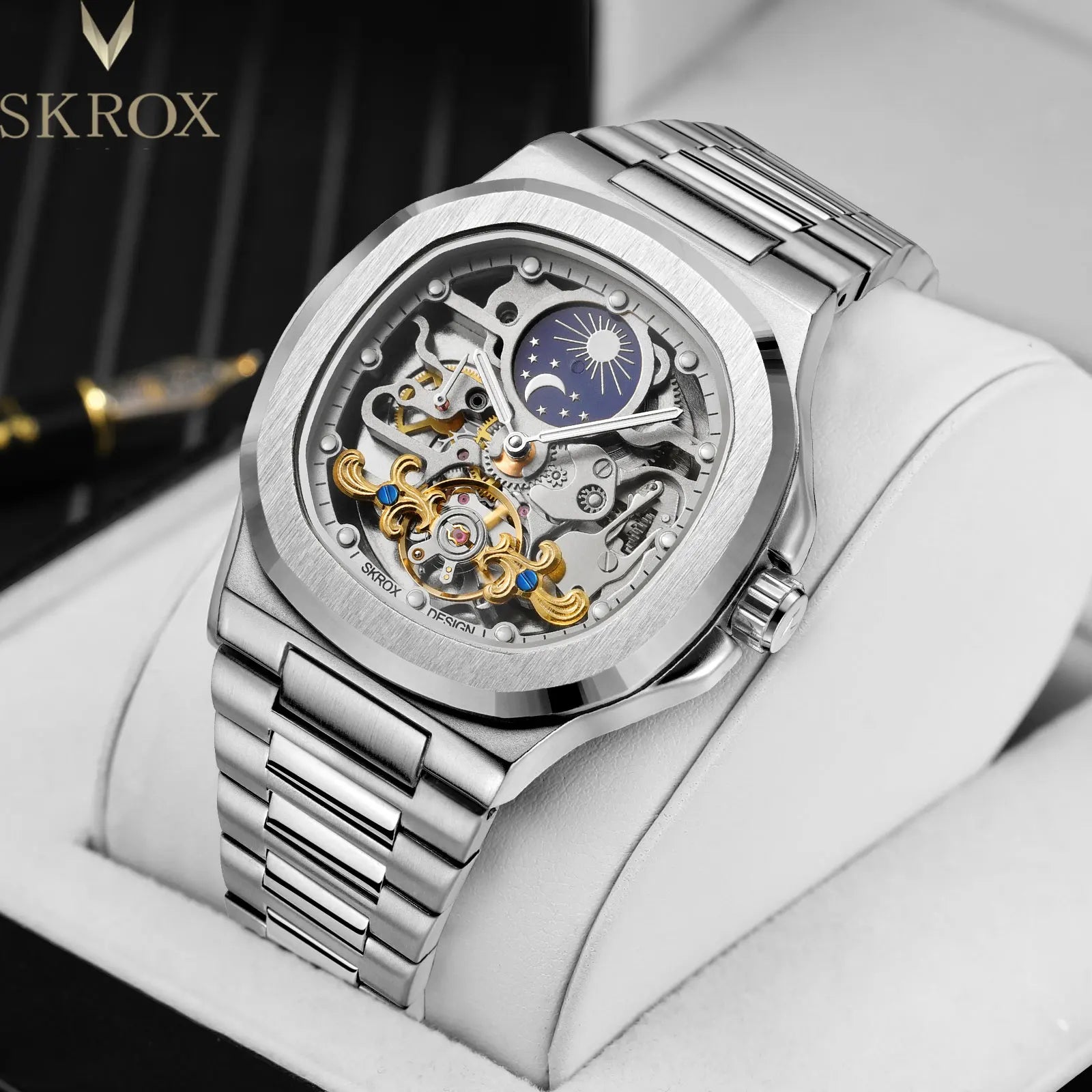 2025 SKROX High-End Luxury Square Watch – Skeleton Dial & Moon Phase
