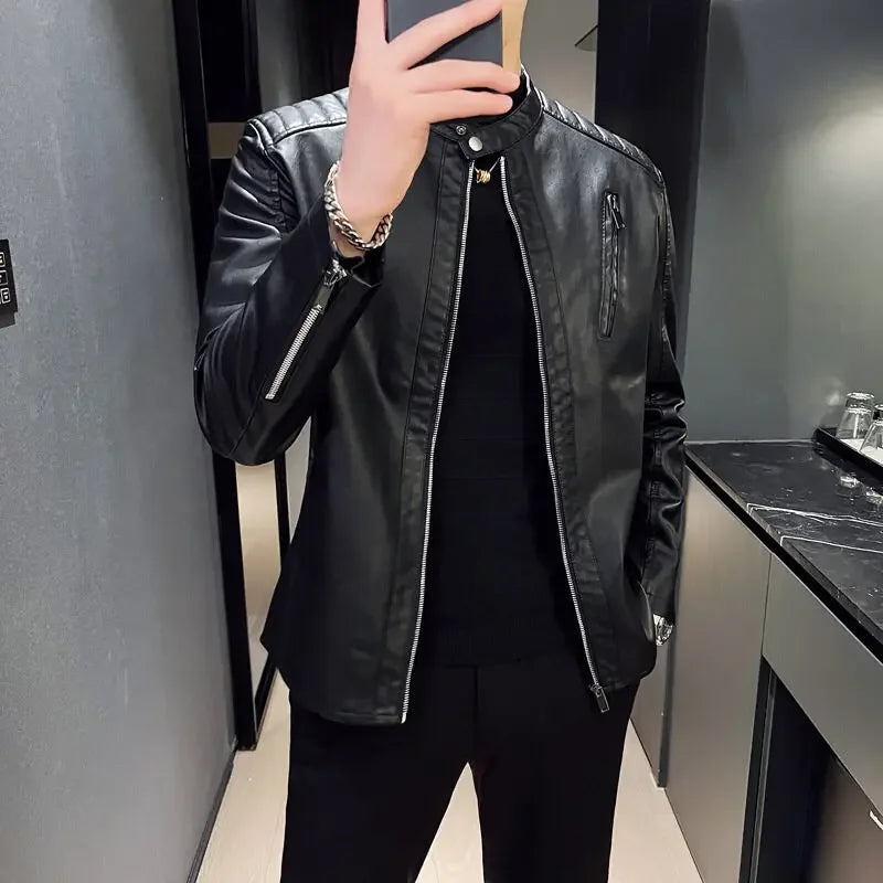 Men’s Motorcycle Leather Jacket – Autumn Stand Collar PU Coat