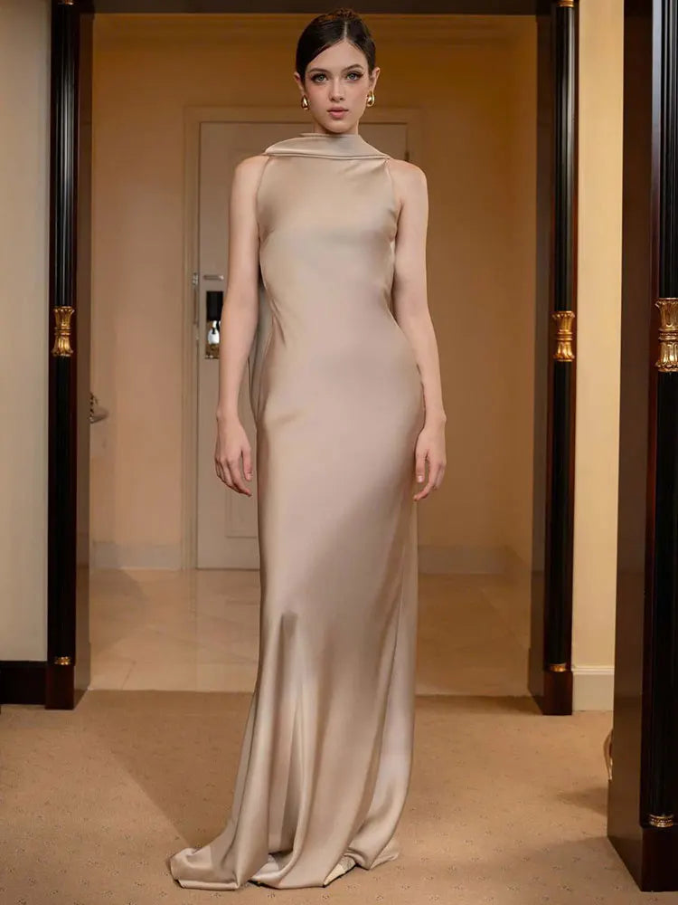Elegant Maxi Evening Dress – Sleeveless Bodycon with Ribbon Detail