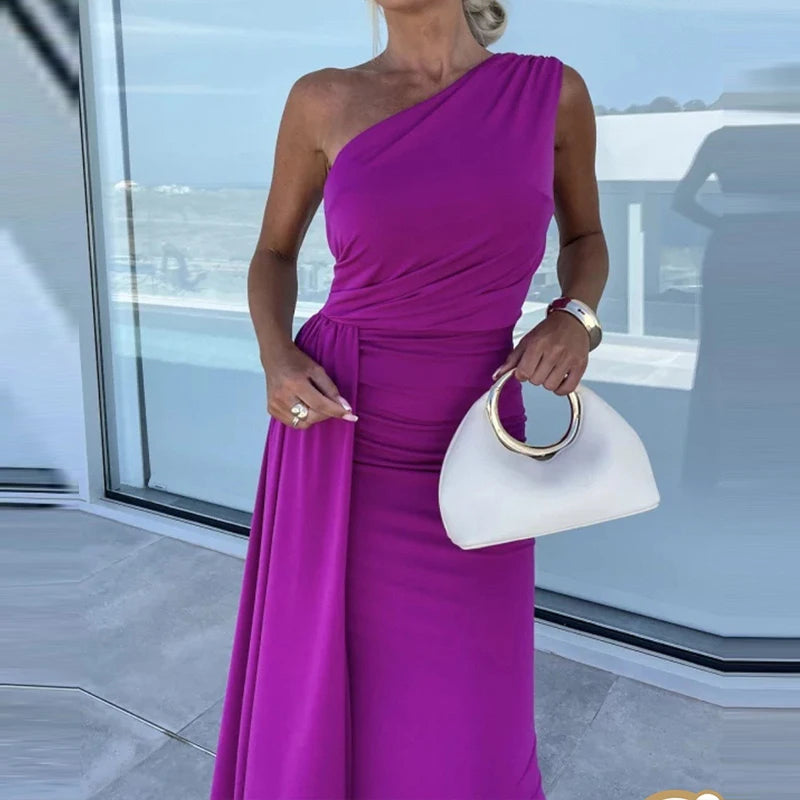 Summer New Solid Color Asymmetric Pleated Evening Dress