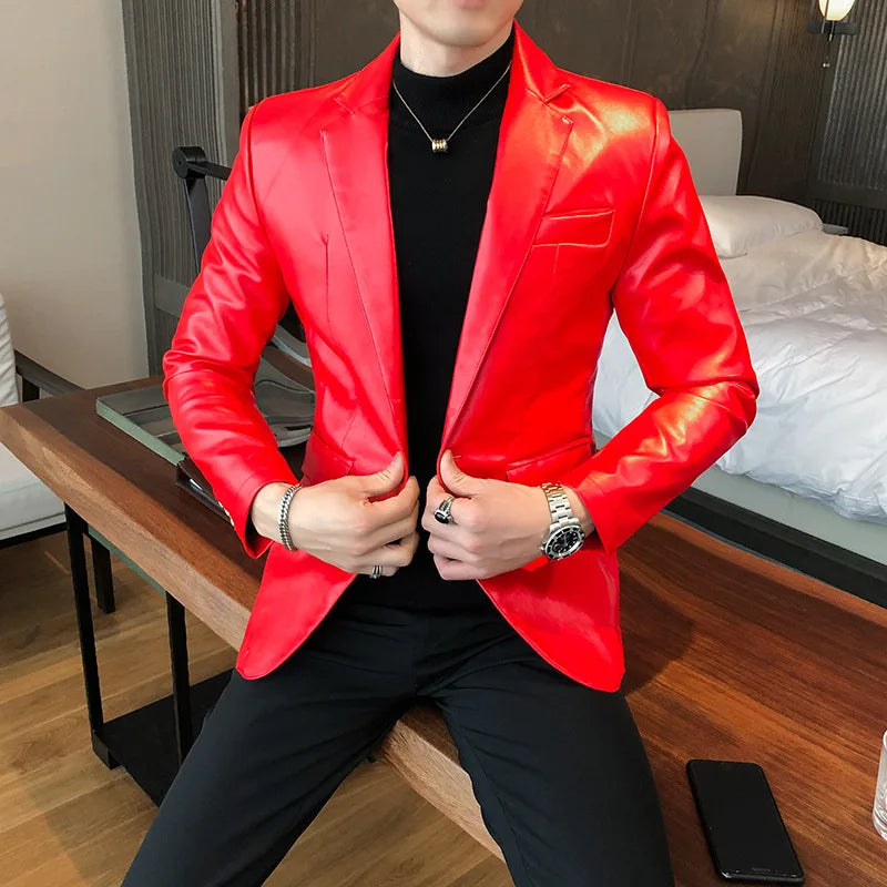 Men’s PU Leather Suit Jacket – Casual Blazer with Business Style