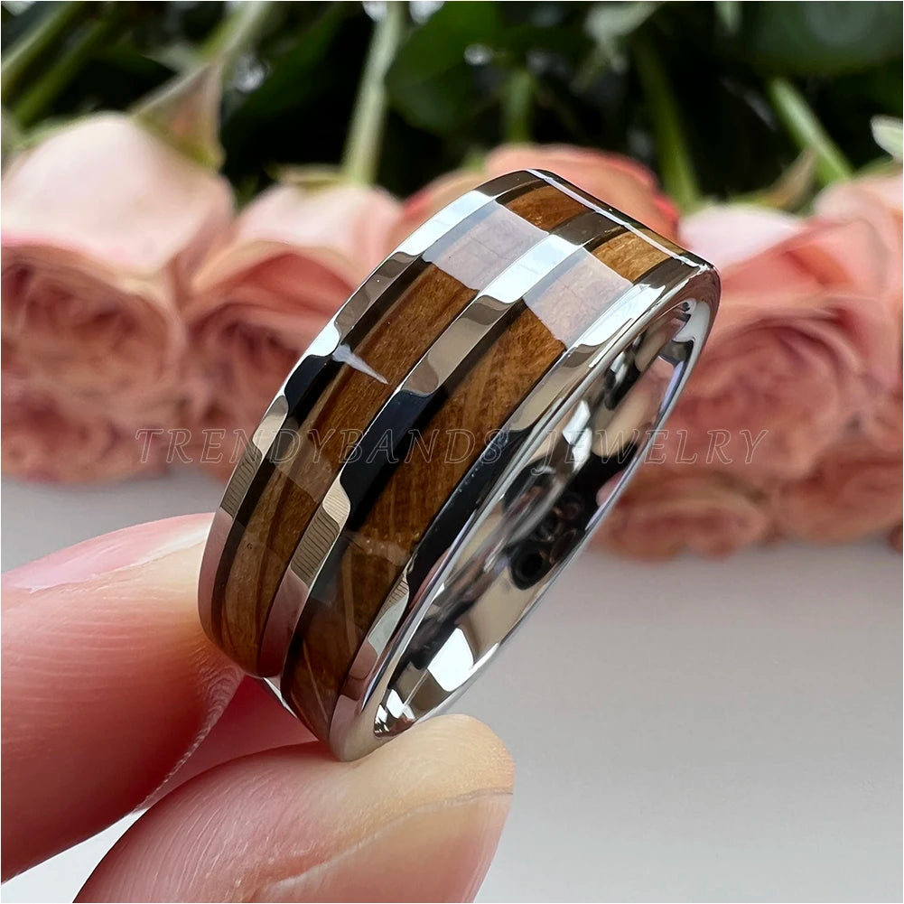 8mm Tungsten Wedding Band – Whisky Barrel Wood Inlay