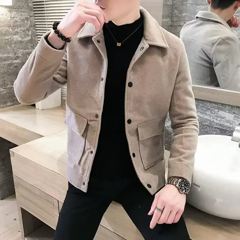 Men's Autumn/Winter Woolen Jacket – Thickened Lapel Cropped Coat