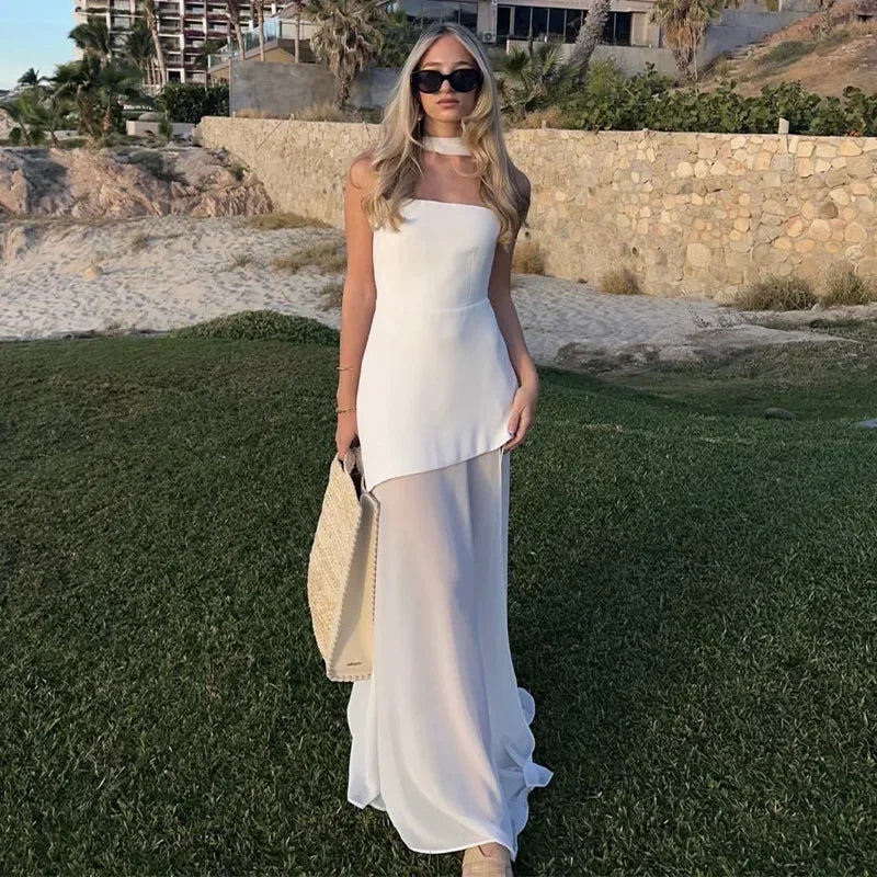 Elegant Patchwork Split Strapless Dress – Sexy Sleeveless & Backless