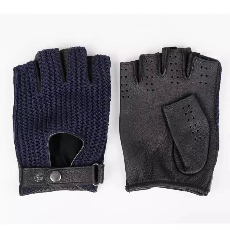 Semi-Finger Knitted Gloves with Sheepskin Patchwork – Retro Style Driving & Riding Gloves