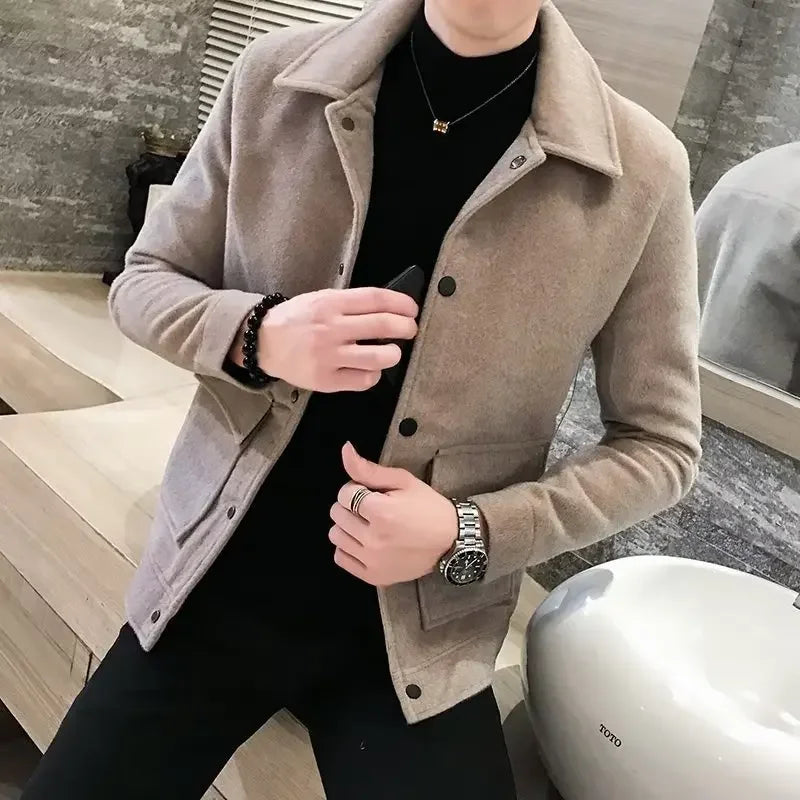 Men's Autumn/Winter Woolen Jacket – Thickened Lapel Cropped Coat