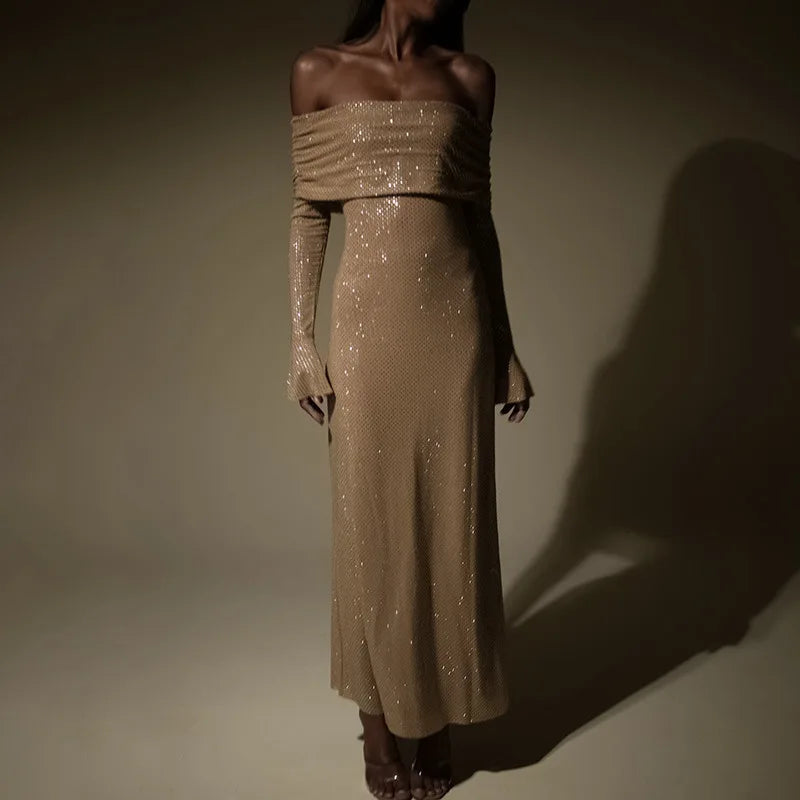 Elegant Strapless Sparkle Maxi Dress – Off-Shoulder, Backless & Bodycon