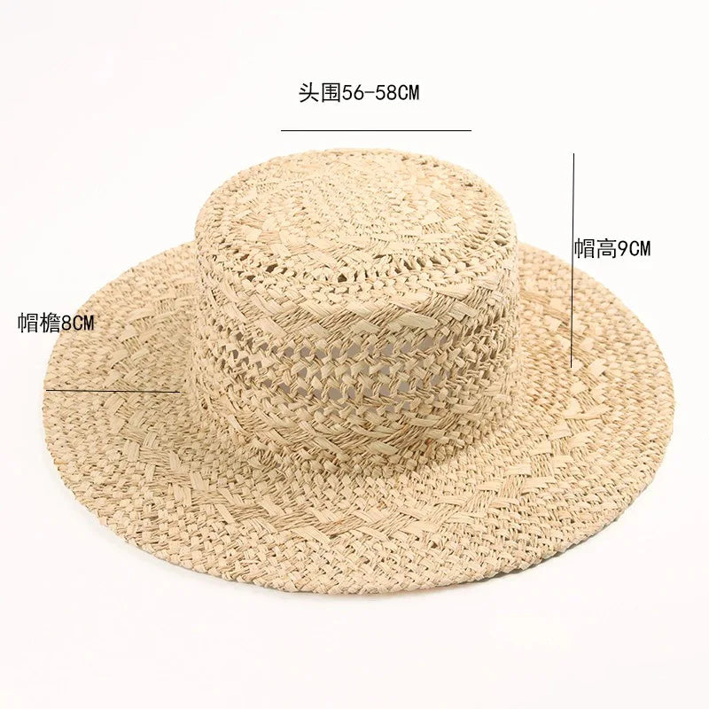 2025 New Hand-Woven Raffia Sun Hat – Retro Flat Top Wide Brim Panama Style