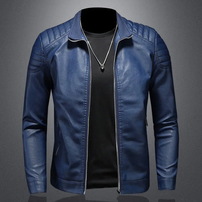 Men’s Winter Motorcycle PU Leather Jacket – Stand Collar Windbreaker