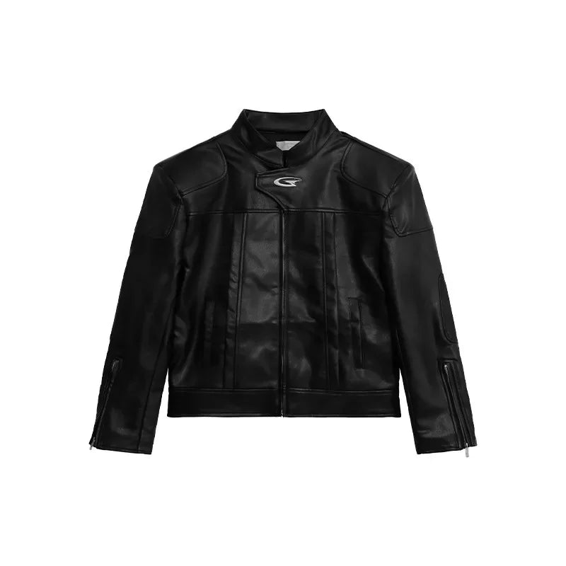 Vintage American Style Motorcycle Leather Jacket – High-End Stand Collar, Loose Fit