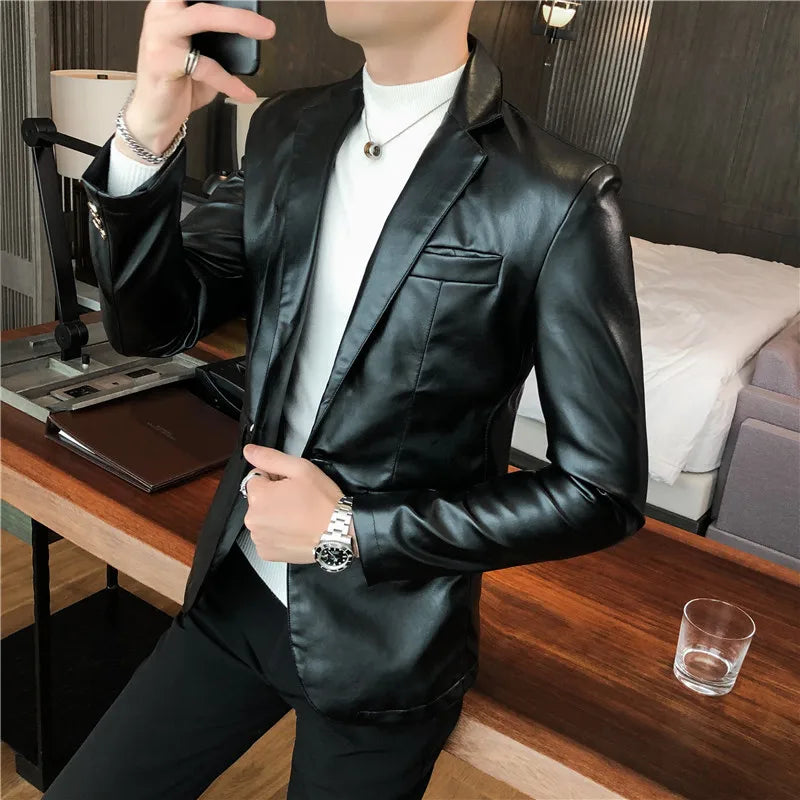 Men’s PU Leather Suit Jacket – Casual Blazer with Business Style