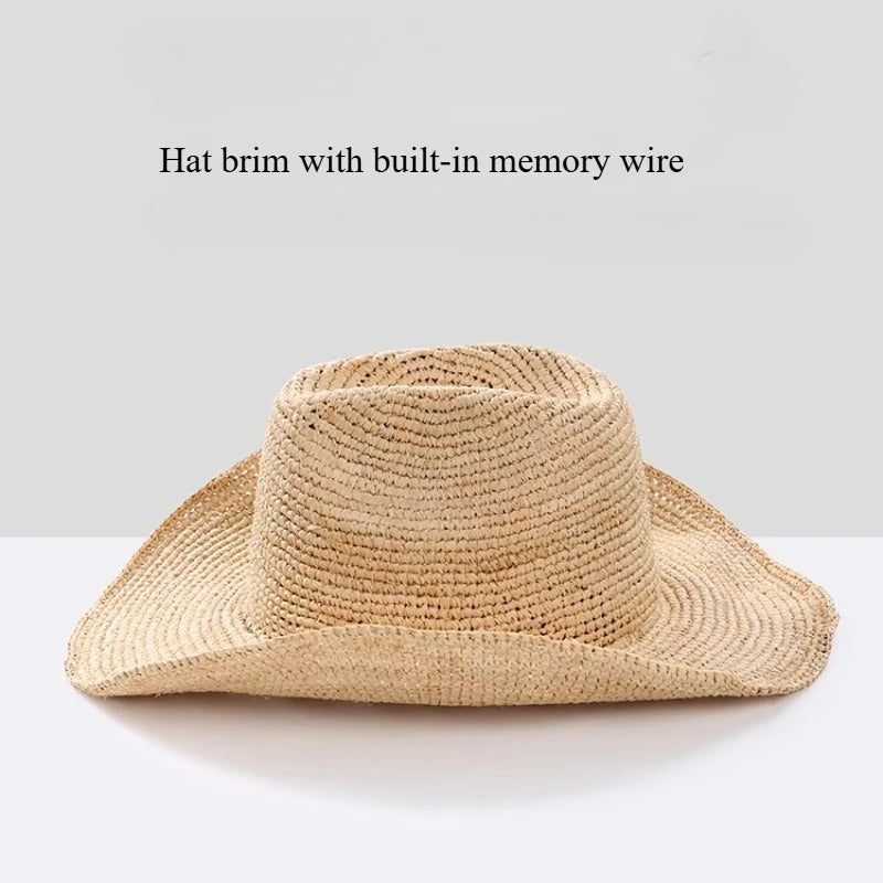 Handmade Raffia Straw Sun Hat for Women – Wide Brim Crochet Cowboy Style