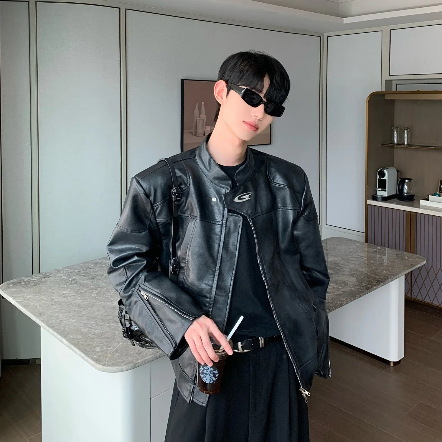 Vintage American Style Motorcycle Leather Jacket – High-End Stand Collar, Loose Fit