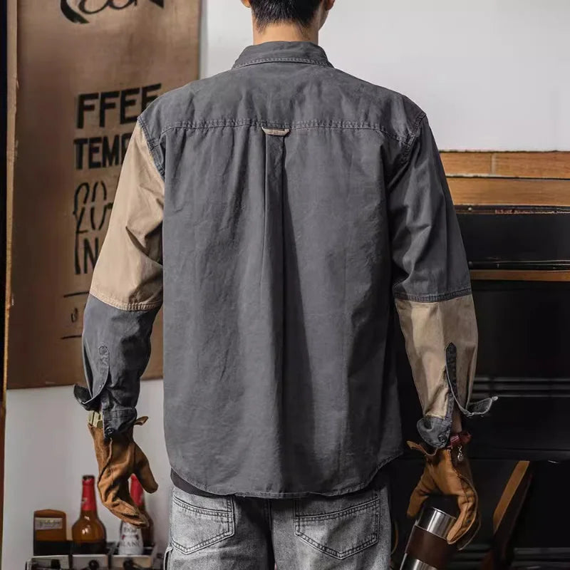 Men’s Vintage Patchwork Cargo Shirt – American Style, Japanese Influence